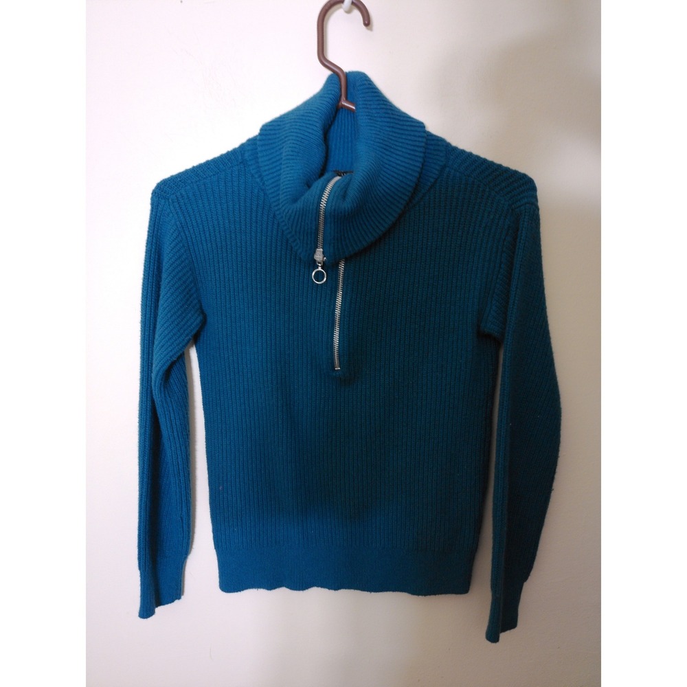 Talbots Quarter Zip Sweater Women Petite P Teal Blue Ribbed Knit Mock Neck 1898